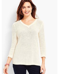 Talbots Textured V Neck Sweater With Fringed Trimmed Sleeves
