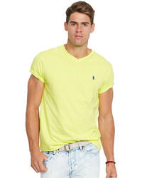 Men's Yellow V-neck T-shirt, Light Blue Print Shorts, Black Sunglasses ...