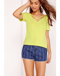 Missguided V Neck Cross Strap Front T Shirt Yellow