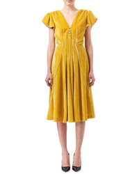 Altuzarra Camilla Cap Sleeve Velvet Midi Dress Yellow