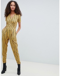 ASOS DESIGN Wrap Front Jersey Jumpsuit With Short Sleeve In Stripe Print