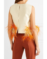 Prada Feather Trimmed Wool And Silk Blend Top Pastel Yellow