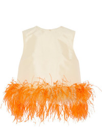 Prada Feather Trimmed Wool And Silk Blend Top Pastel Yellow